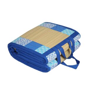 Happy Sleeping Eco Friendly Korai River Grass Foldable Cushion Mat (3X6.5ft) with 30MM Blue New Cotton Fabric.